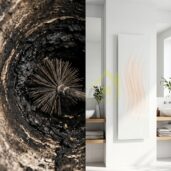 Čistý komín a zdravé teplo: čistenie zaneseného komína kefou a biely infrapanel.