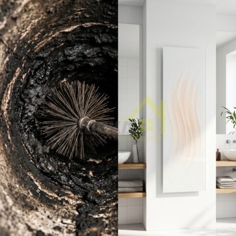 Čistý komín a&nbsp;zdravé teplo: čistenie zaneseného komína kefou a&nbsp;biely infrapanel.