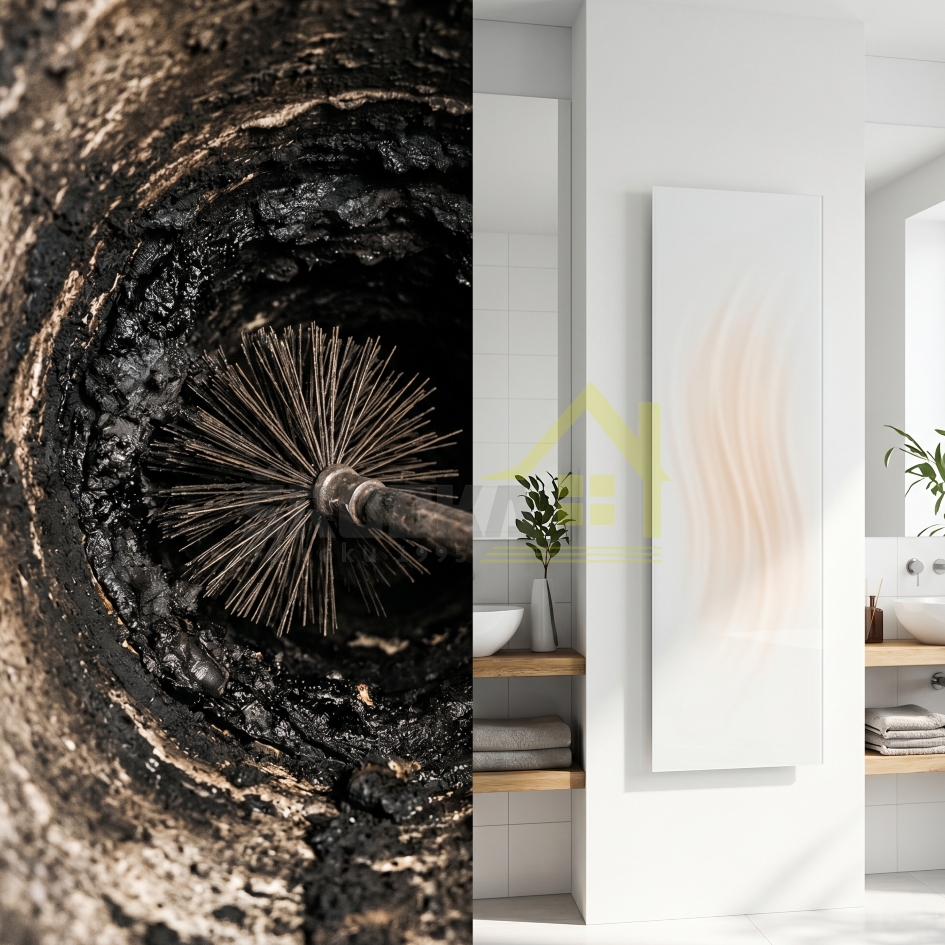 Čistý komín a zdravé teplo: čistenie zaneseného komína kefou a biely infrapanel.